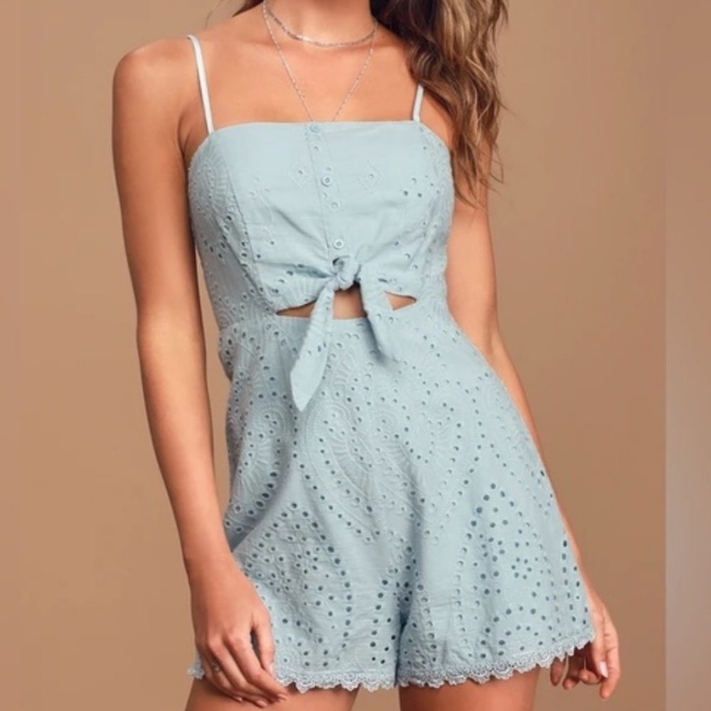 Lulus Light Blue Tie Front Eyelet Romper